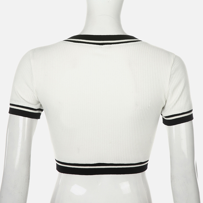 Knitted V-neck T-shirt white retro tops for women