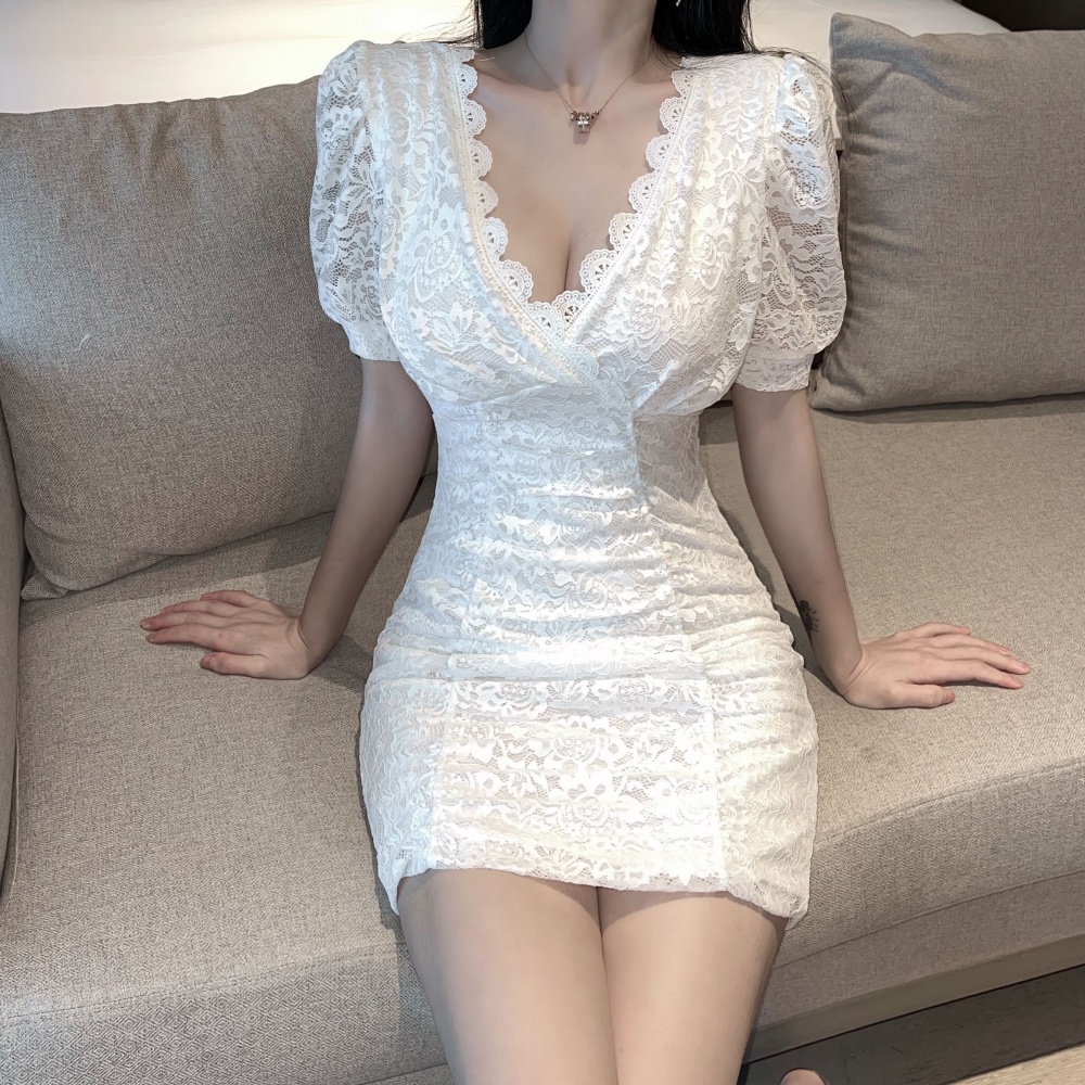 Summer V-neck sexy package hip lace low-cut short sleeve dress