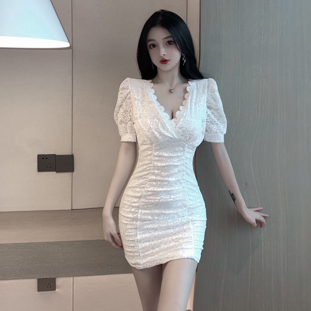 Summer V-neck sexy package hip lace low-cut short sleeve dress