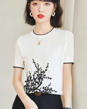 Thin summer pullover tops embroidery ice silk T-shirt