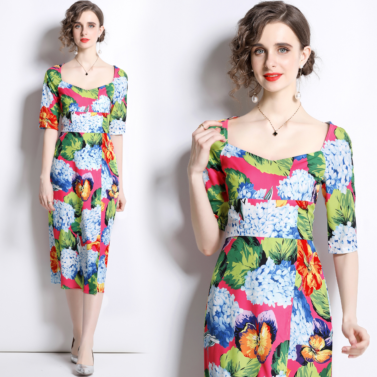 Printing retro colors square collar split rose dress