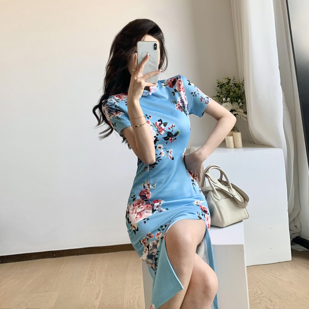Light short sleeve printing dress split slim cheongsam