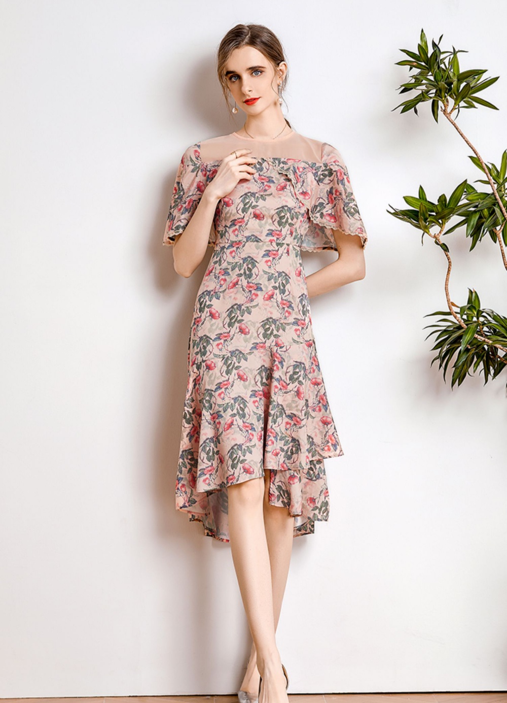 Floral chiffon dress summer lotus leaf edges cloak