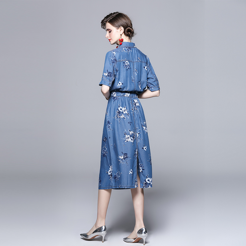 Summer long printing skirt zip denim dress for women