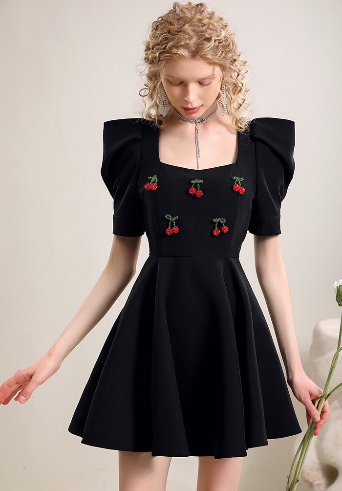 Unique square collar cherry France style retro dress