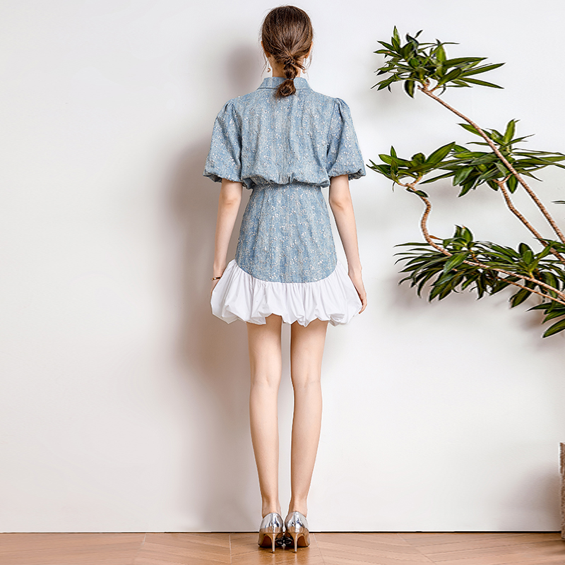 Summer puff sleeve denim dress sequins splice skirt