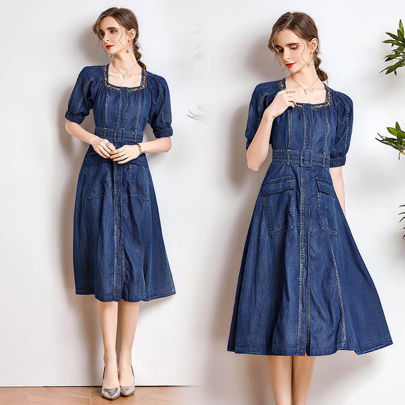 Embroidery retro belt denim slim long dress for women