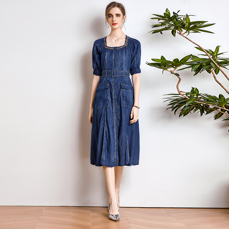 Embroidery retro belt denim slim long dress for women