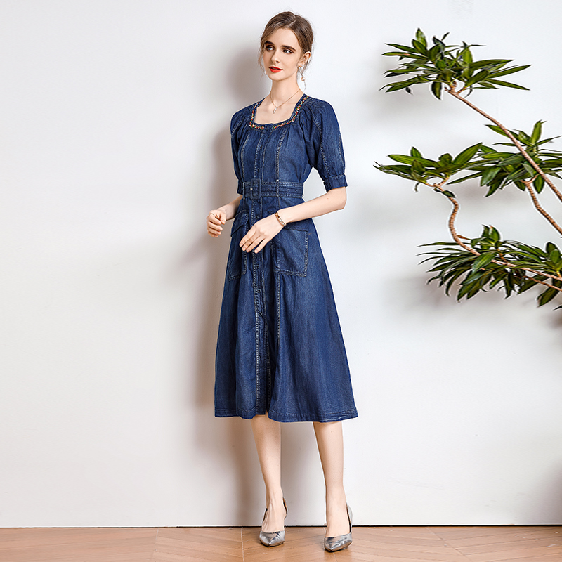 Embroidery retro belt denim slim long dress for women