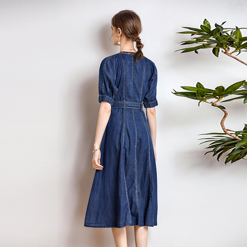 Embroidery retro belt denim slim long dress for women