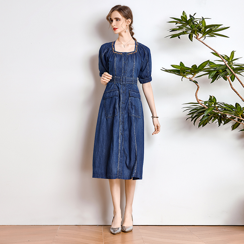 Embroidery retro belt denim slim long dress for women