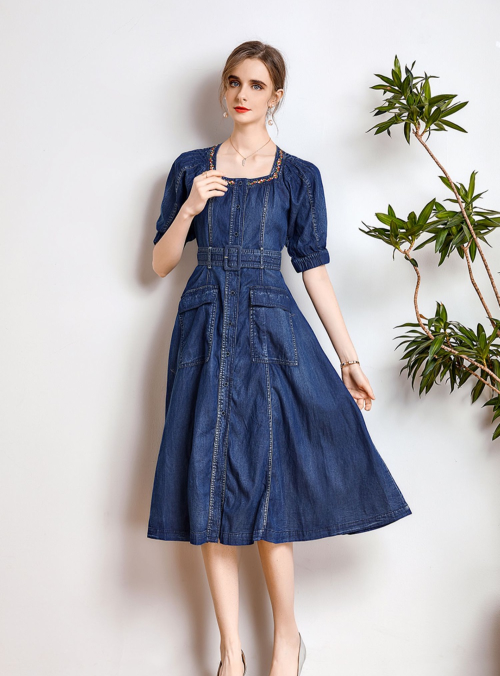 Embroidery retro belt denim slim long dress for women