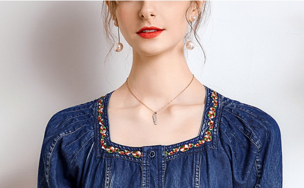 Embroidery retro belt denim slim long dress for women