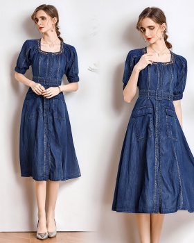 Embroidery retro belt denim slim long dress for women