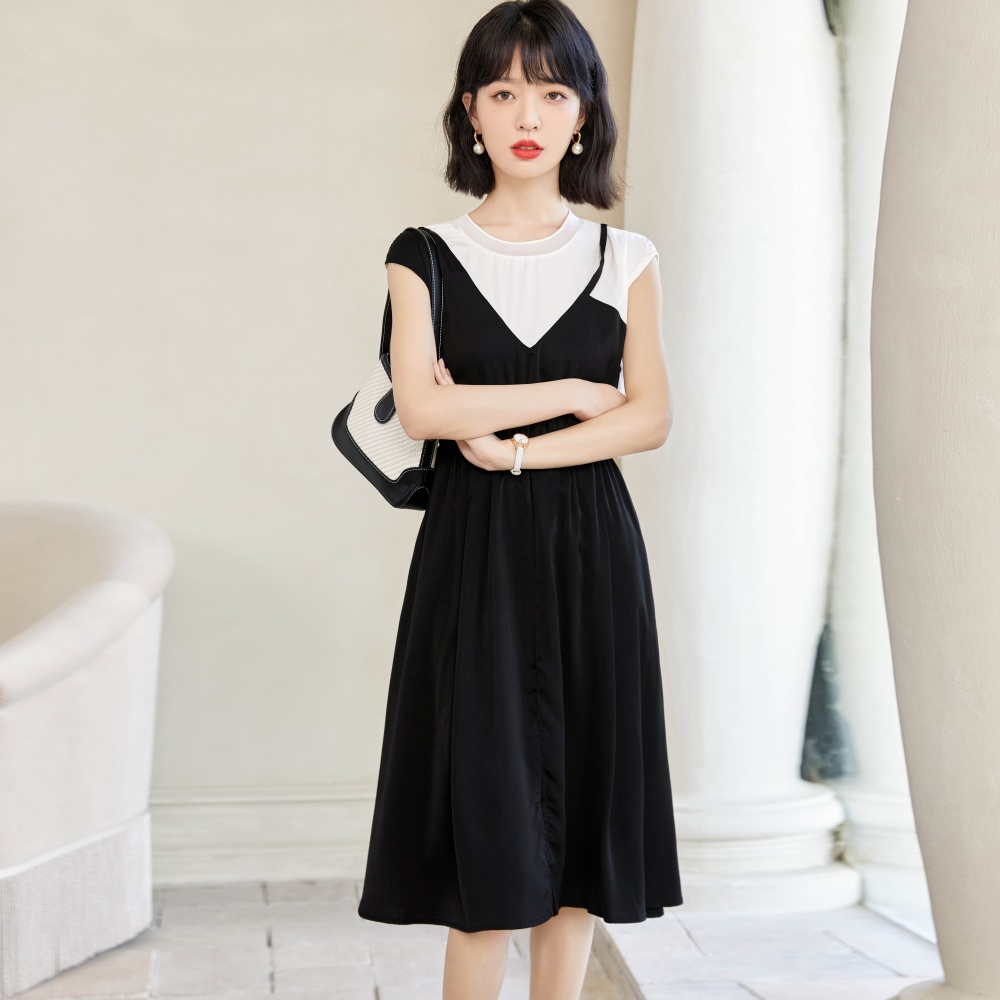 Mixed colors light pinched waist temperament summer dress