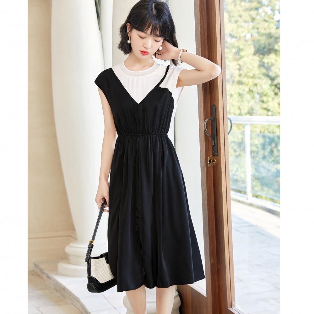 Mixed colors light pinched waist temperament summer dress