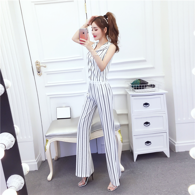 Fashion stripe ladies tops summer temperament long pants a set