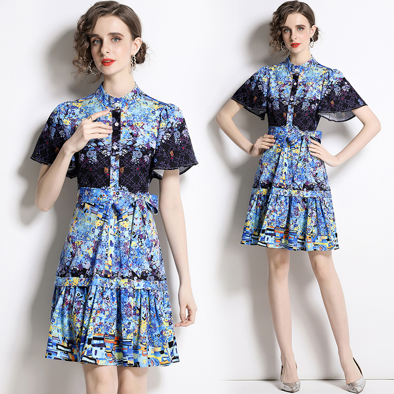 Retro summer printing court style dress for women