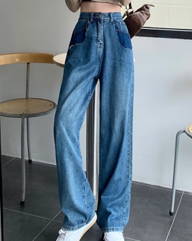 Loose spring high waist wide leg straight jeans for women