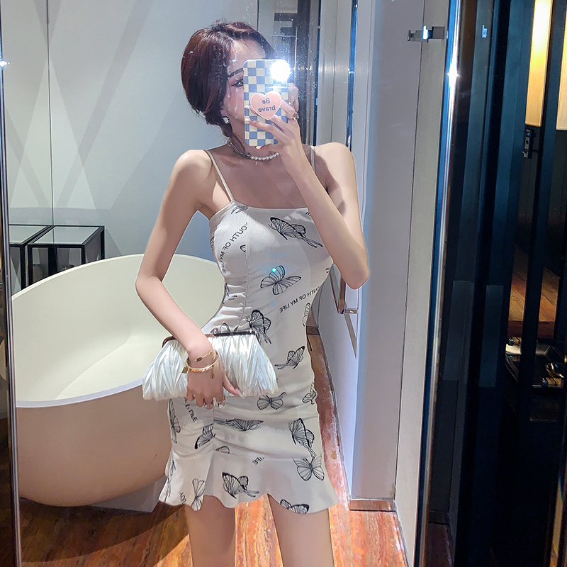 Pinched waist sling slim printing fold summer dress