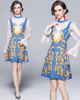Bow splice fashion lace long sleeve printing dress