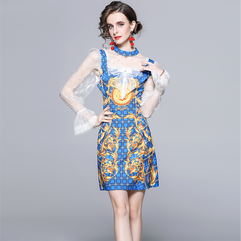 Bow splice fashion lace long sleeve printing dress