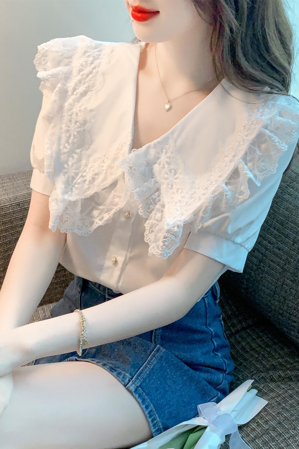 Summer lace chiffon shirt splice shirt for women