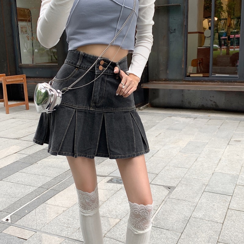 Lined pleated short skirt high waist slim skirt for women