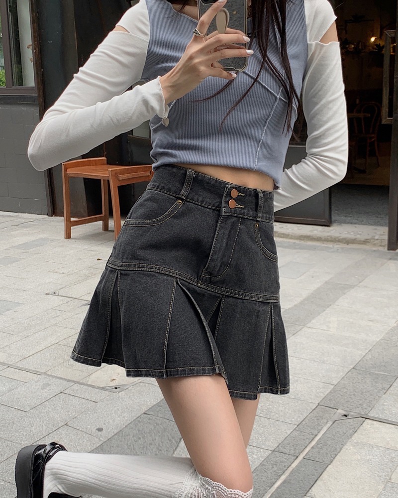 Lined pleated short skirt high waist slim skirt for women
