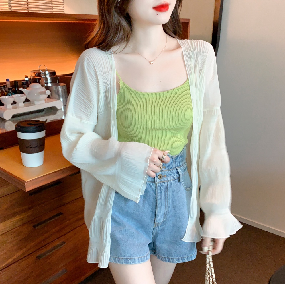 Creased summer tops loose chiffon thin coat for women