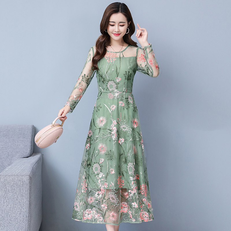 Korean style gauze embroidered slim long temperament dress