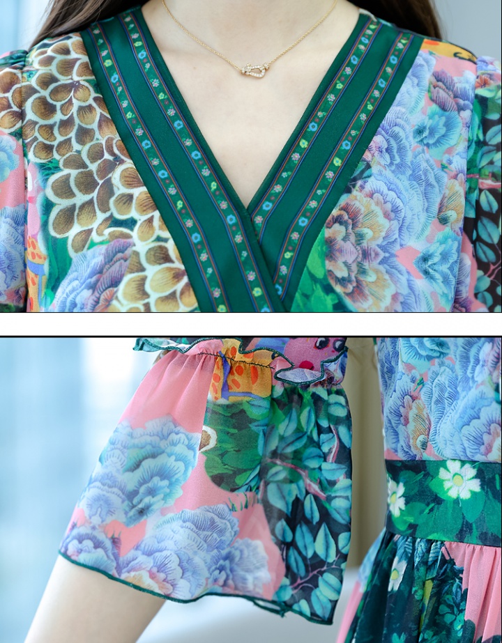 Chiffon printing summer cuff V-neck dress for women