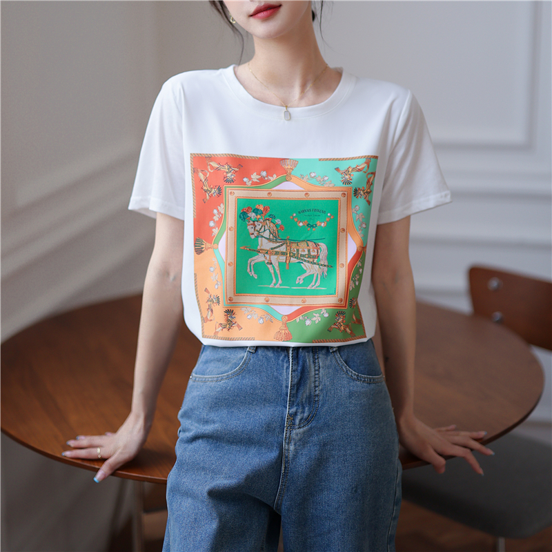All-match summer cool printing round neck T-shirt for women