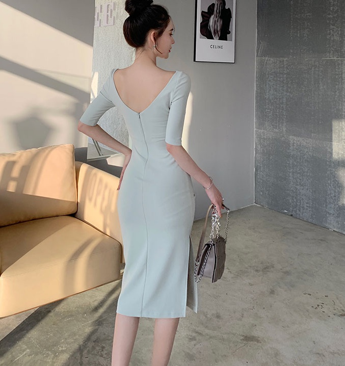 Flat shoulder long sleeve long dress France style dress