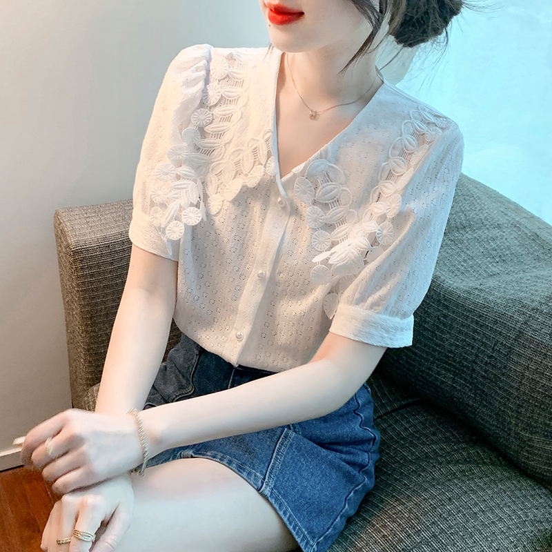 All-match short sleeve shirt summer doll collar tops for women