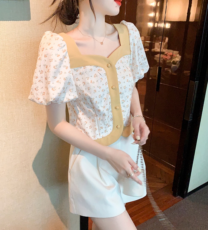 Printing splice shirt short sleeve puff sleeve tops