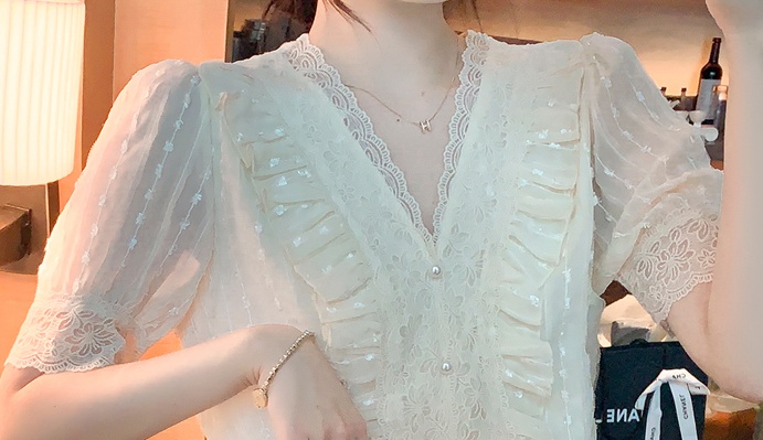 Short sleeve Korean style tops V-neck splice shirt for women