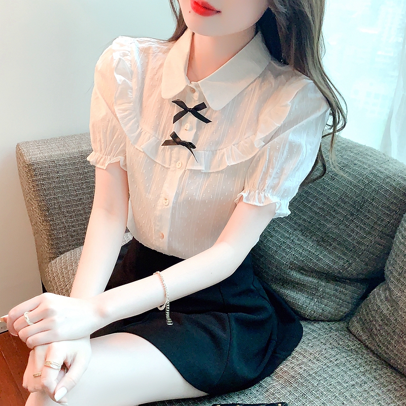 Bow puff sleeve white tops sweet summer shirt for women