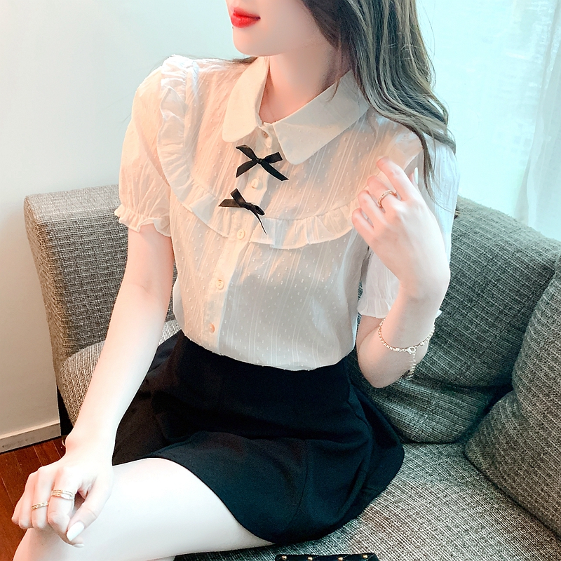 Bow puff sleeve white tops sweet summer shirt for women