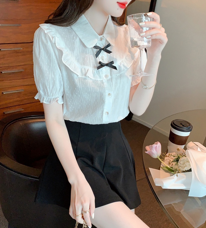 Bow puff sleeve white tops sweet summer shirt for women