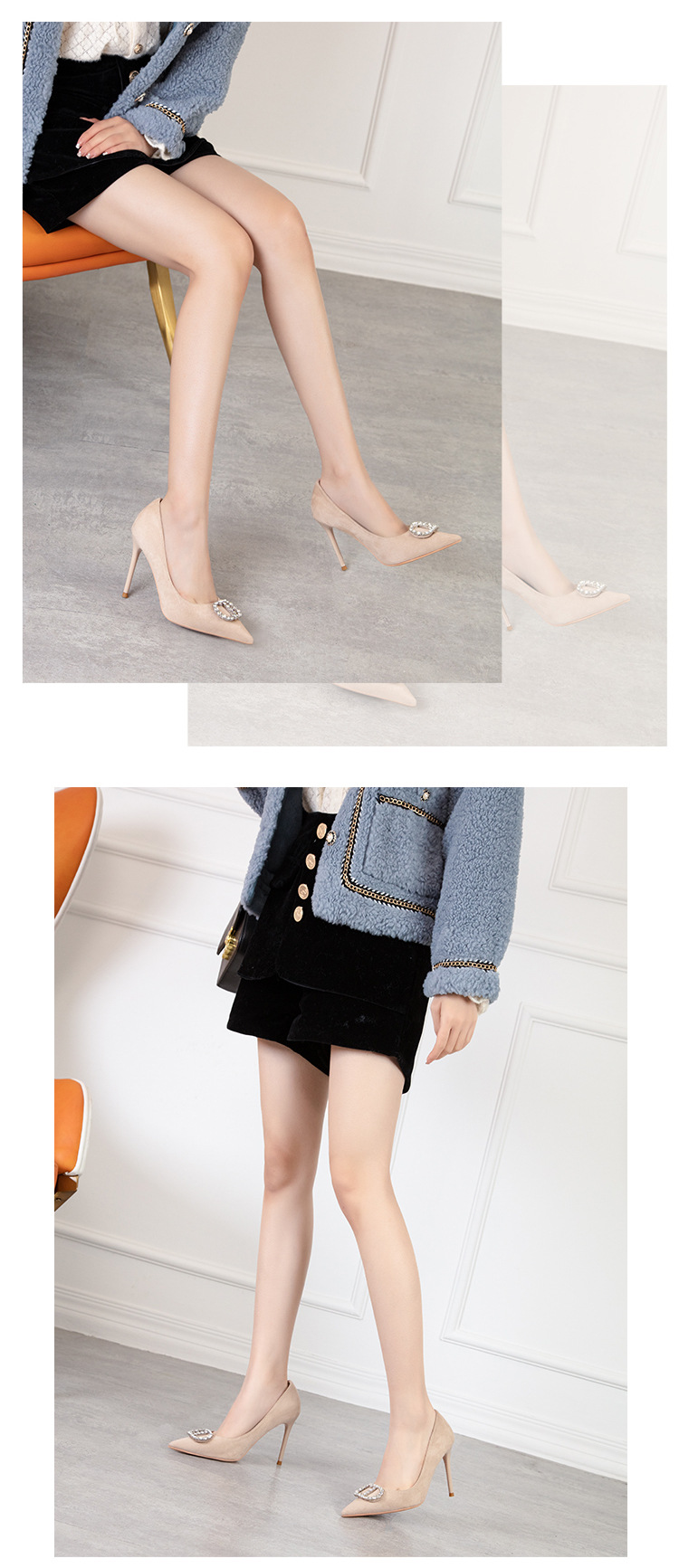 Low rhinestone shoes pointed high-heeled shoes for women
