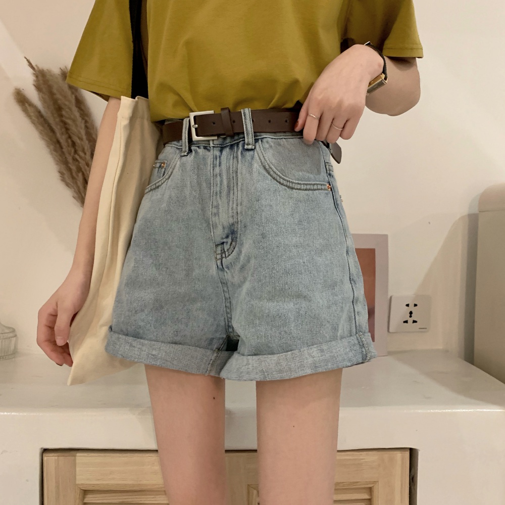 Loose short jeans washed wide leg pants for women