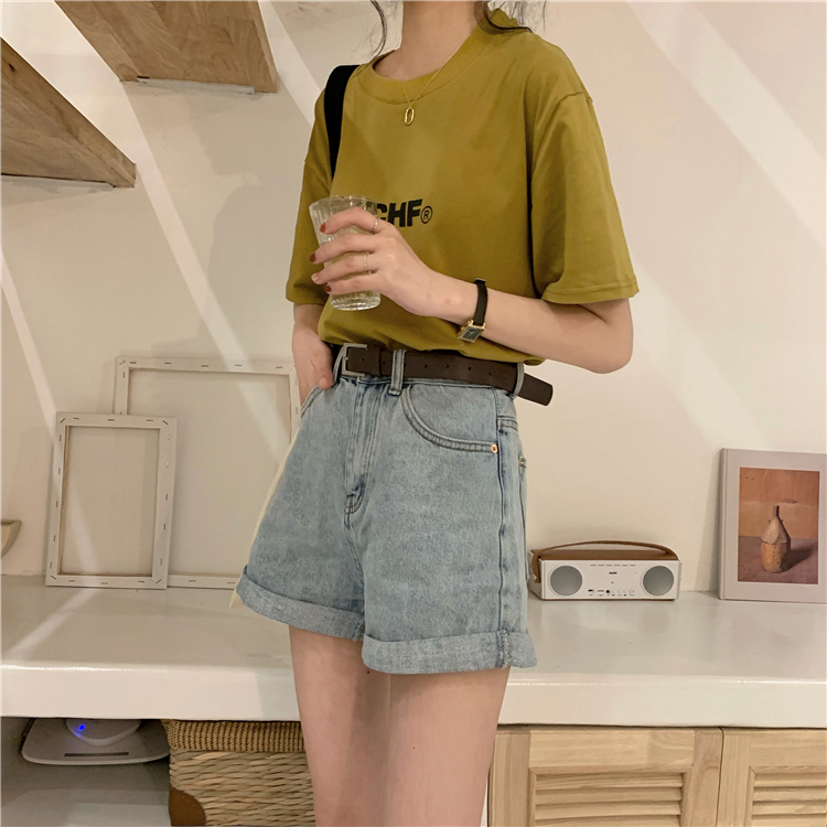 Loose short jeans washed wide leg pants for women