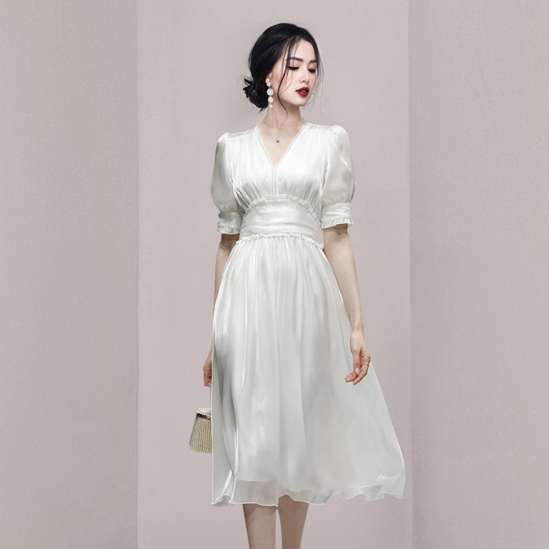 Temperament elegant organza summer white dress