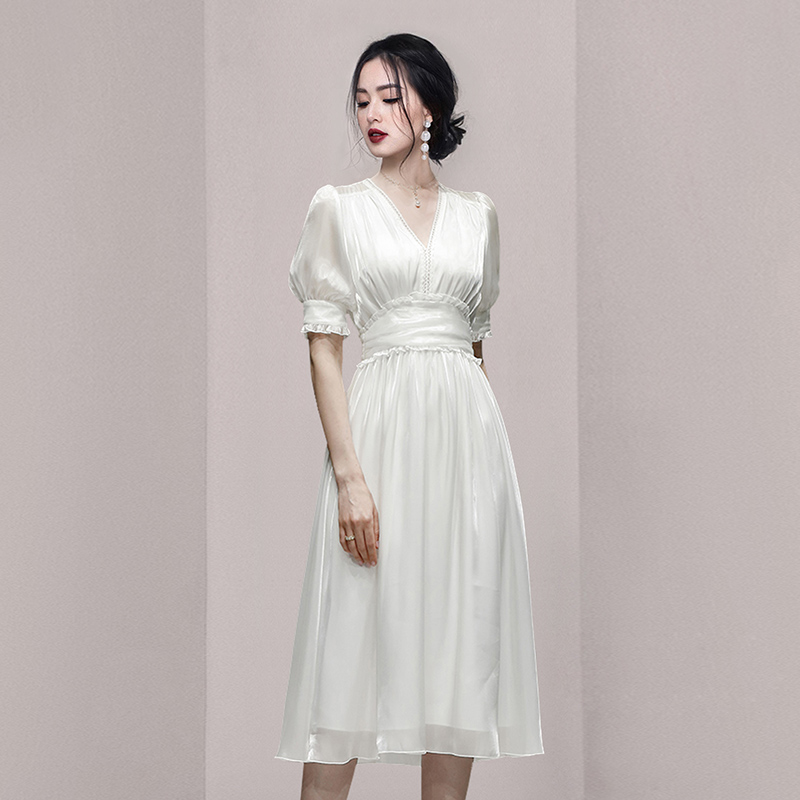 Temperament elegant organza summer white dress