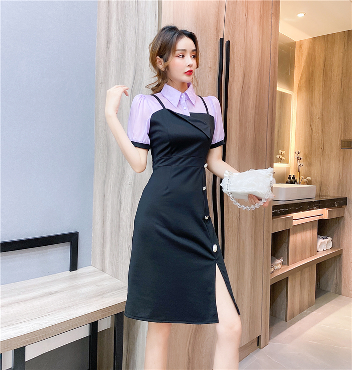 Lapel long summer package hip single-breasted dress