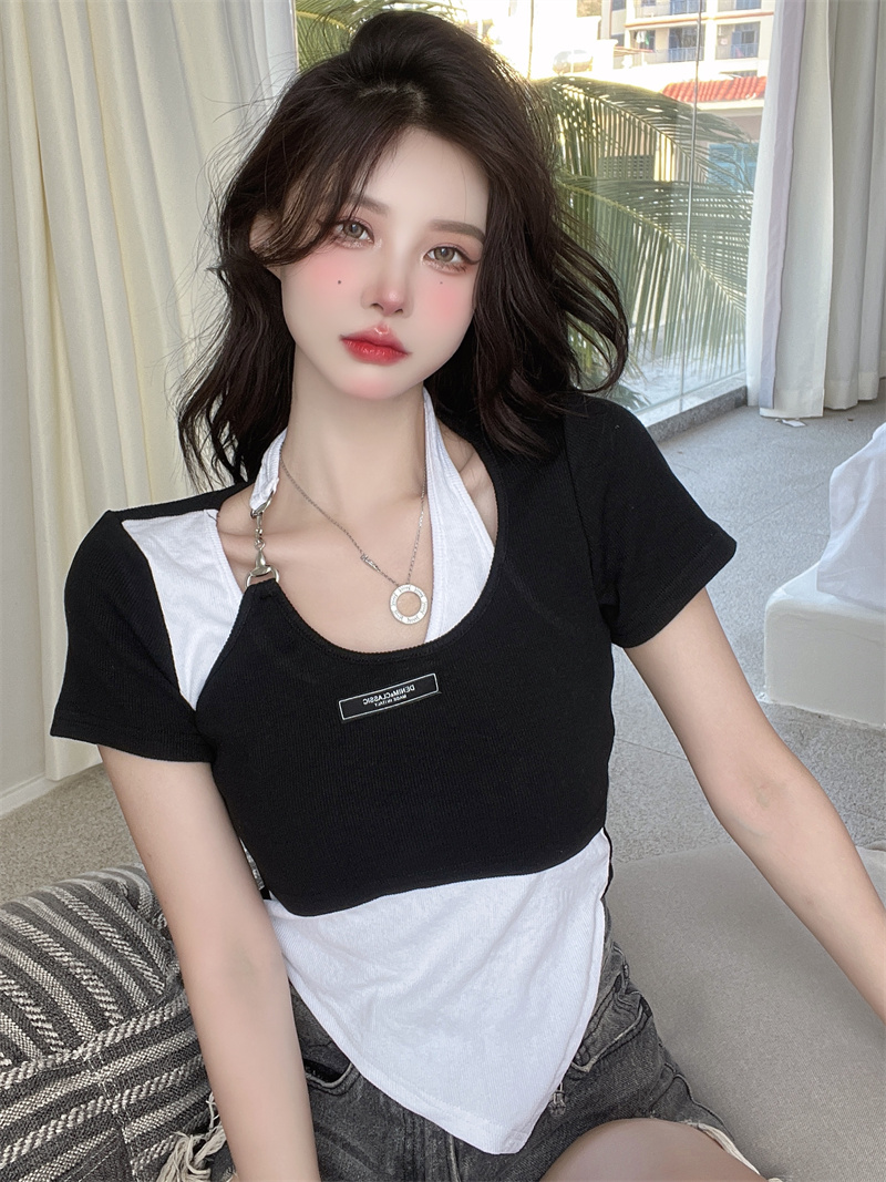 Short sleeve mixed colors T-shirt slim chain tops for women