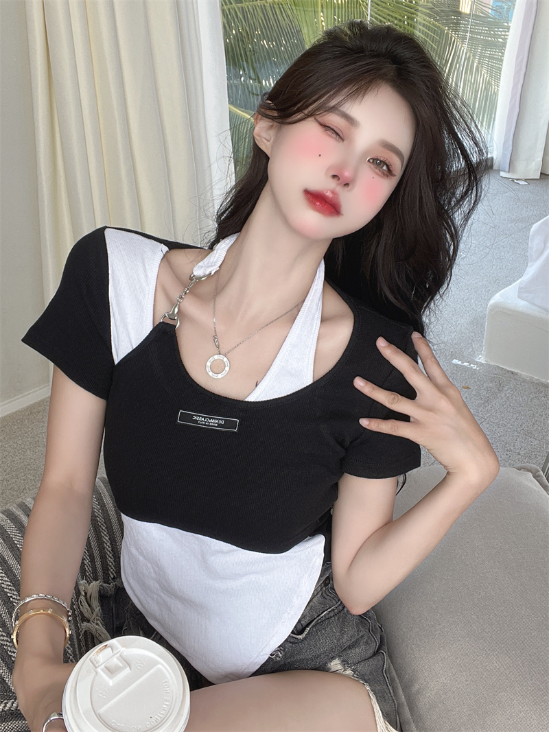 Short sleeve mixed colors T-shirt slim chain tops for women