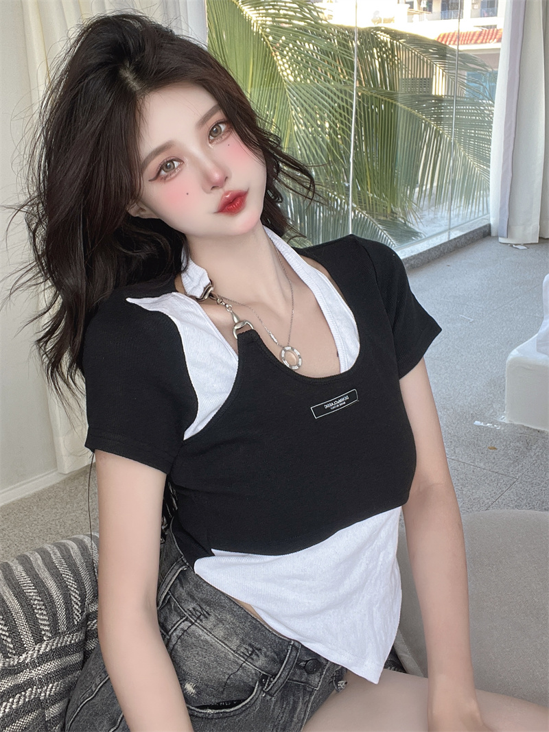 Short sleeve mixed colors T-shirt slim chain tops for women