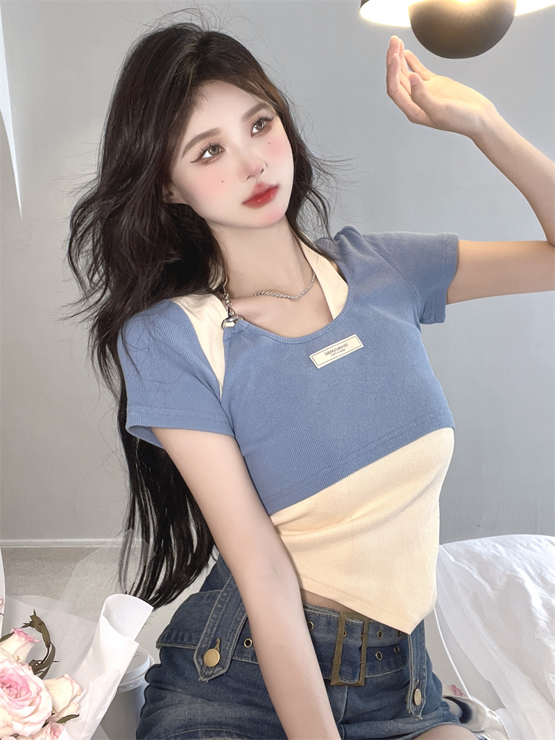 Short sleeve mixed colors T-shirt slim chain tops for women